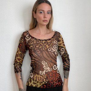 Sheer 3/4 Sleeve Mesh Top with Abstract Design